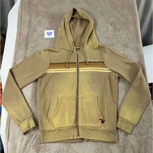 Aviator Nation 5 Stripe Zip Hoodie Archer Logo Tan Men Size L Zip Up Long sleeve